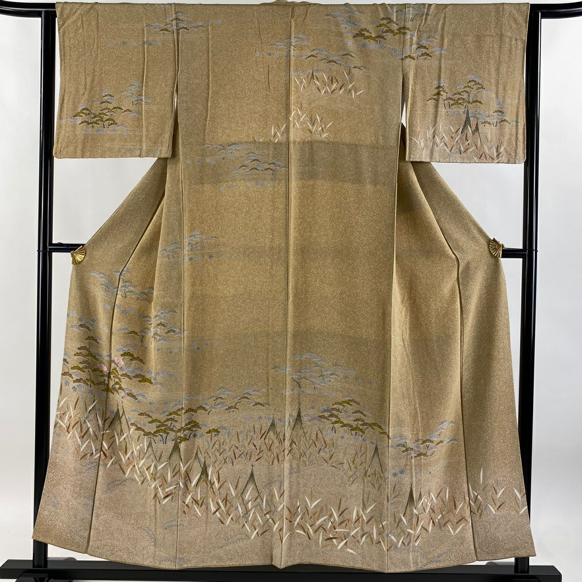 【庫存清倉】訪問服 身長154cm 袖長62.5cm S 雙層 落款あり 網干 松樹 刺繡 金銀彩 淡茶 純蠶絲 美品 名品級