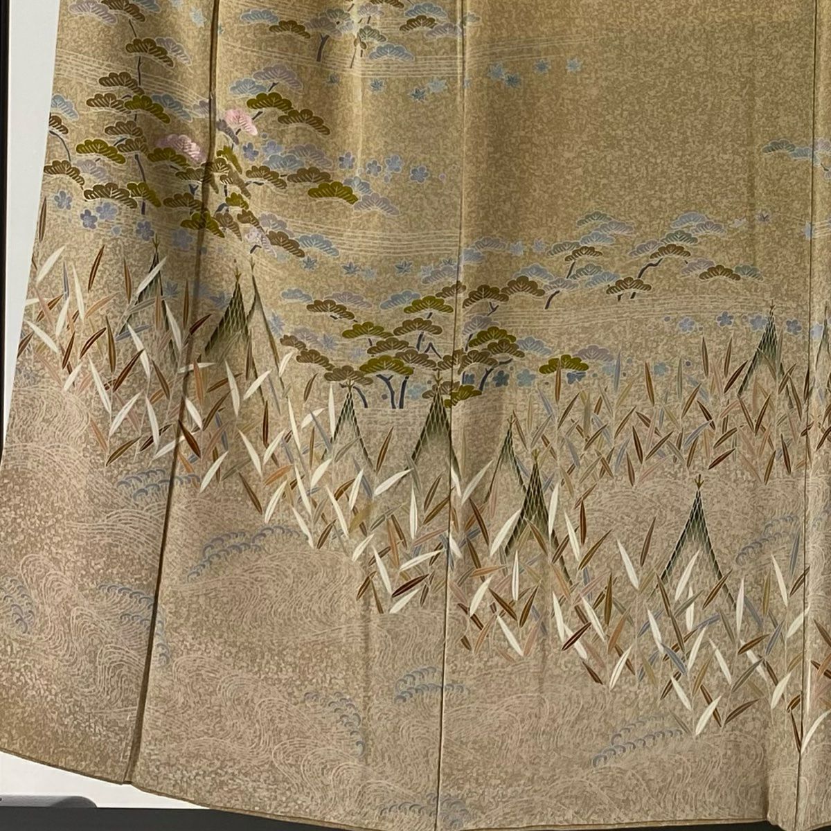 【庫存清倉】訪問服 身長154cm 袖長62.5cm S 雙層 落款あり 網干 松樹 刺繡 金銀彩 淡茶 純蠶絲 美品 名品級