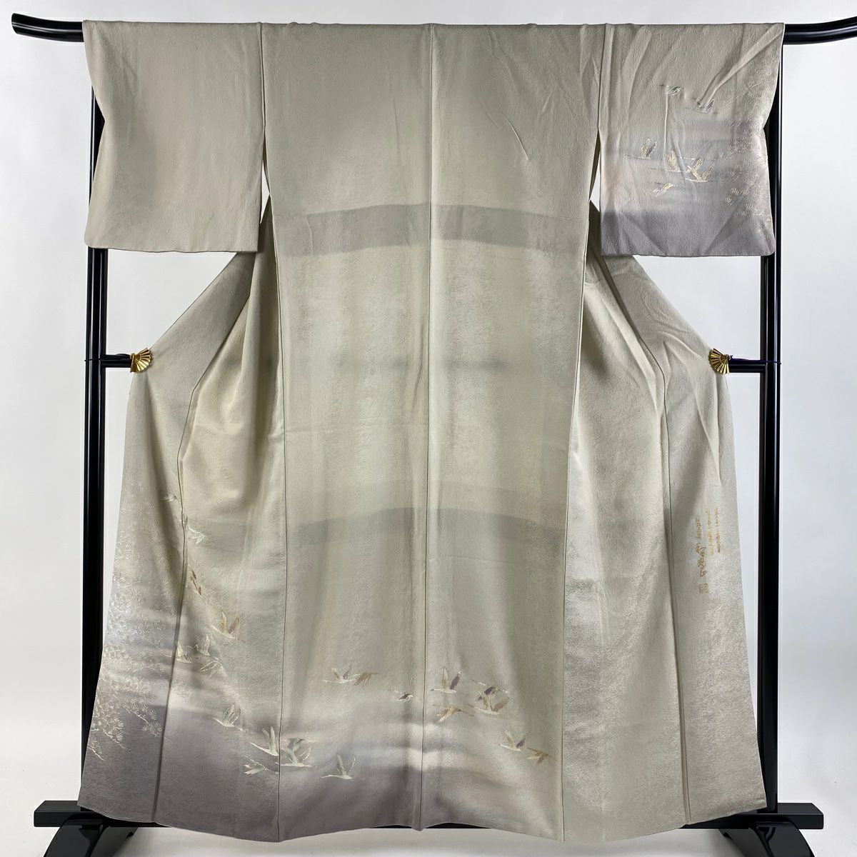【庫存清倉】 付下 身長158.5cm 袖長69cm L 雙層 和田光正 落款 仙鶴 松樹 金銀彩 漸層 灰茶 純蠶絲 逸品級