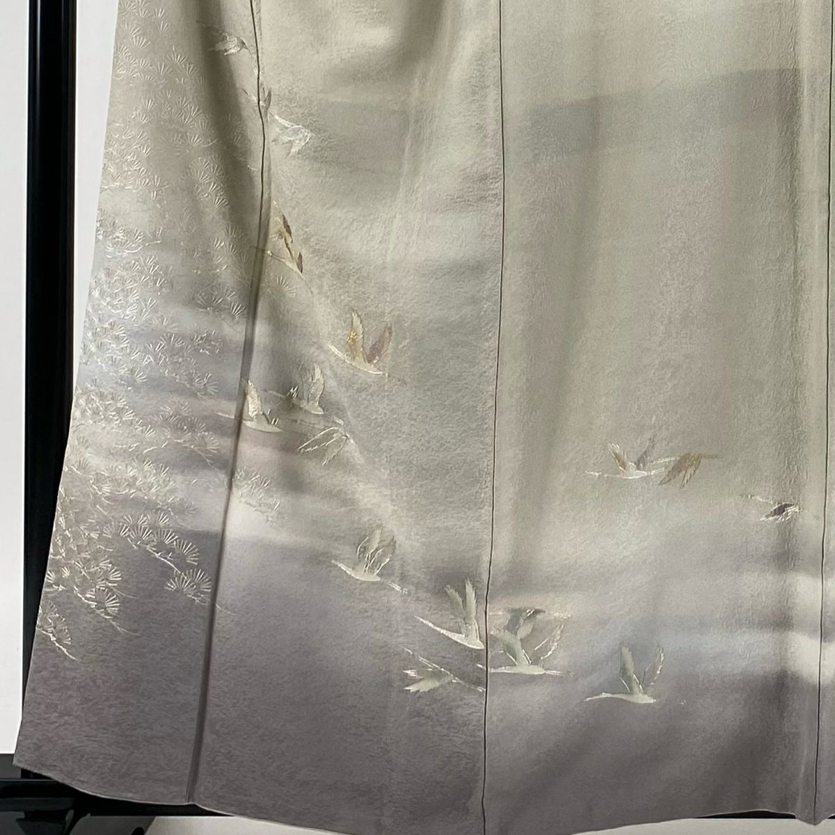 【庫存清倉】 付下 身長158.5cm 袖長69cm L 雙層 和田光正 落款 仙鶴 松樹 金銀彩 漸層 灰茶 純蠶絲 逸品級
