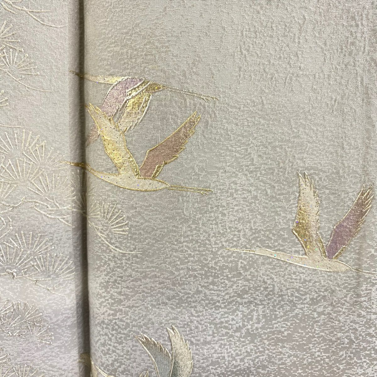 【庫存清倉】 付下 身長158.5cm 袖長69cm L 雙層 和田光正 落款 仙鶴 松樹 金銀彩 漸層 灰茶 純蠶絲 逸品級