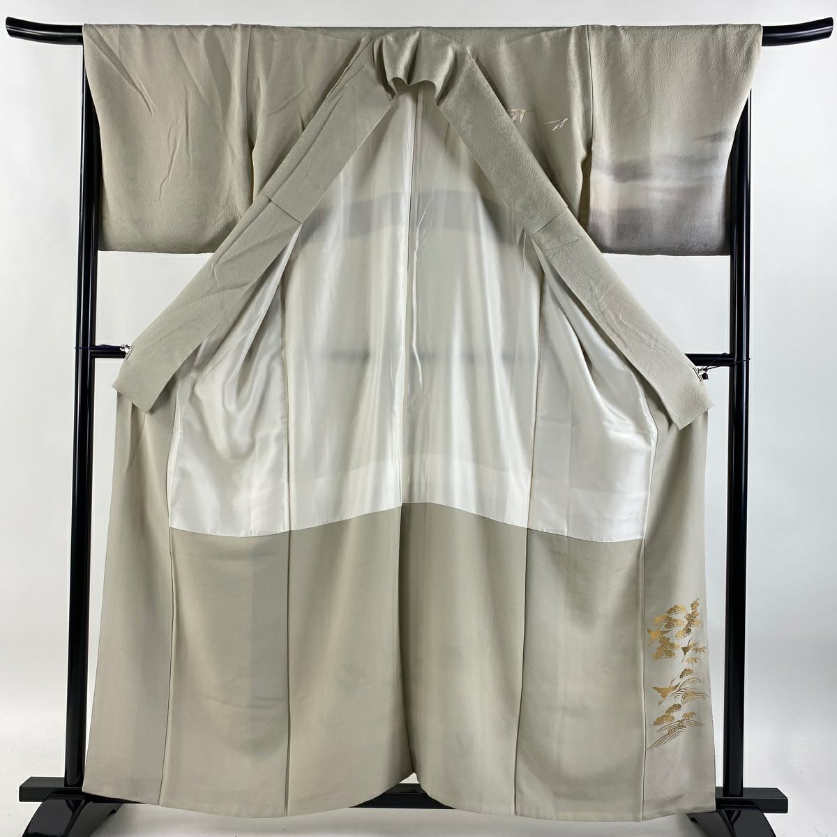 【庫存清倉】 付下 身長158.5cm 袖長69cm L 雙層 和田光正 落款 仙鶴 松樹 金銀彩 漸層 灰茶 純蠶絲 逸品級