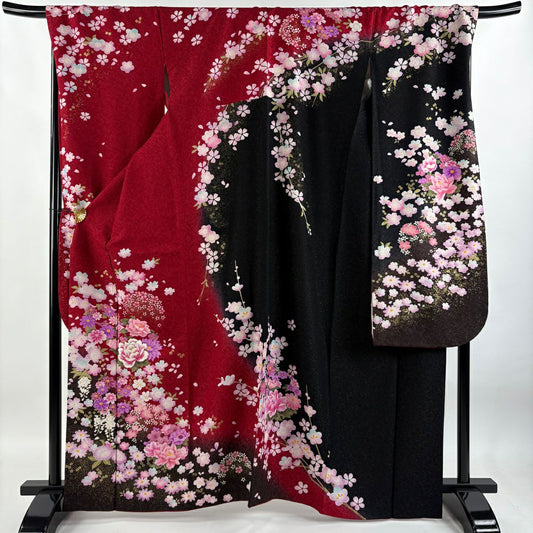 【清倉特賣】振袖禮服 身長165cm 袖長72cm L 雙層 牡丹 草花紋紋 銀通 金銀彩 紅 純蠶絲 逸品級