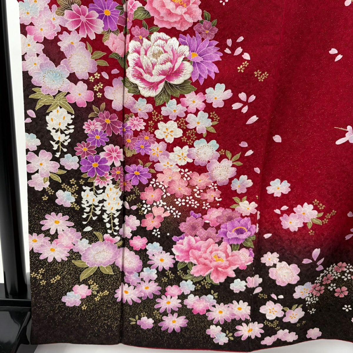 【清倉特賣】振袖禮服 身長165cm 袖長72cm L 雙層 牡丹 草花紋紋 銀通 金銀彩 紅 純蠶絲 逸品級