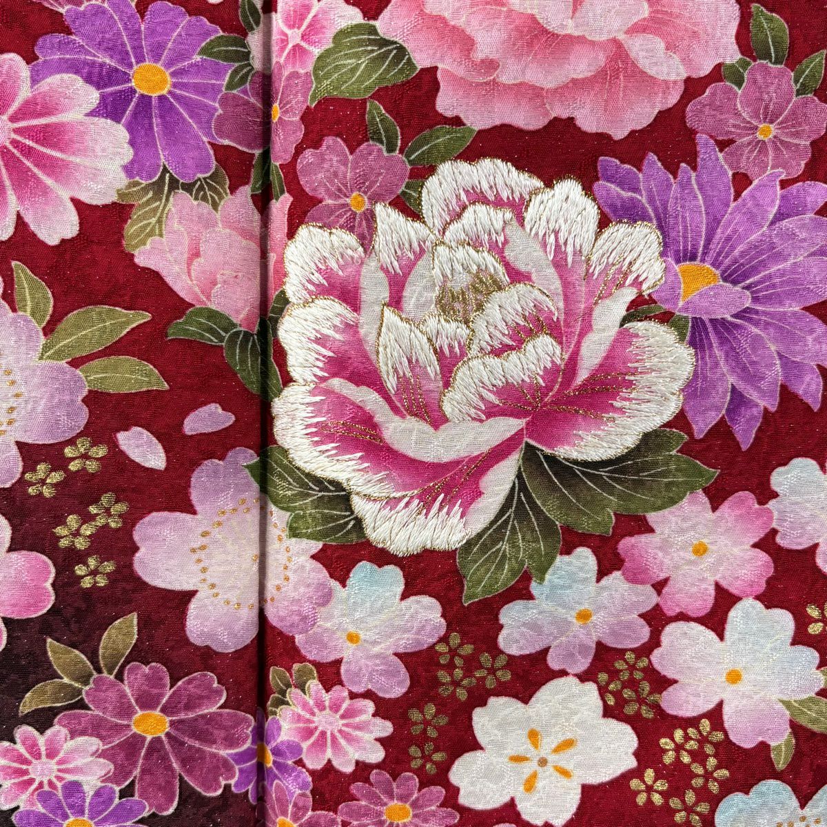 【清倉特賣】振袖禮服 身長165cm 袖長72cm L 雙層 牡丹 草花紋紋 銀通 金銀彩 紅 純蠶絲 逸品級