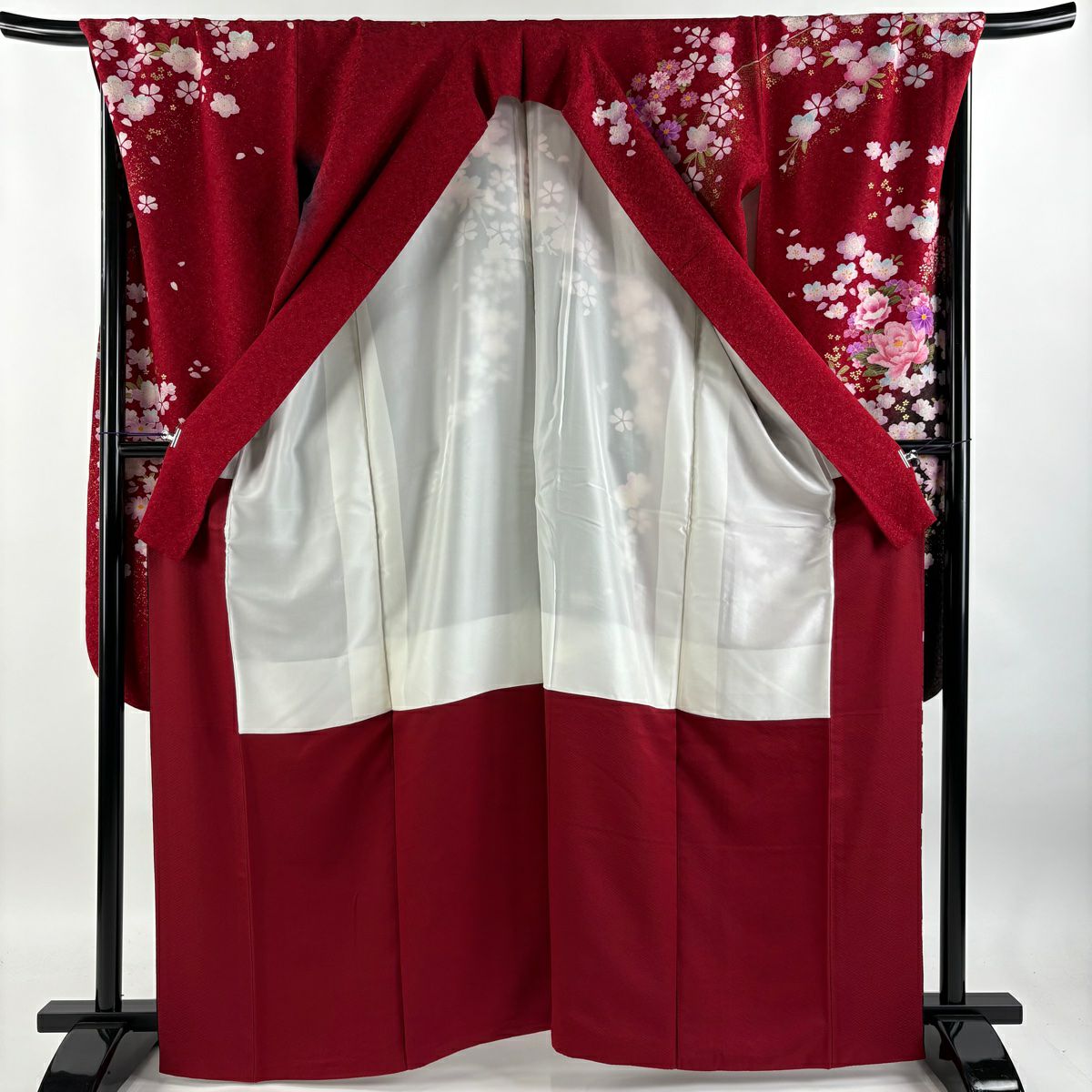 【清倉特賣】振袖禮服 身長165cm 袖長72cm L 雙層 牡丹 草花紋紋 銀通 金銀彩 紅 純蠶絲 逸品級