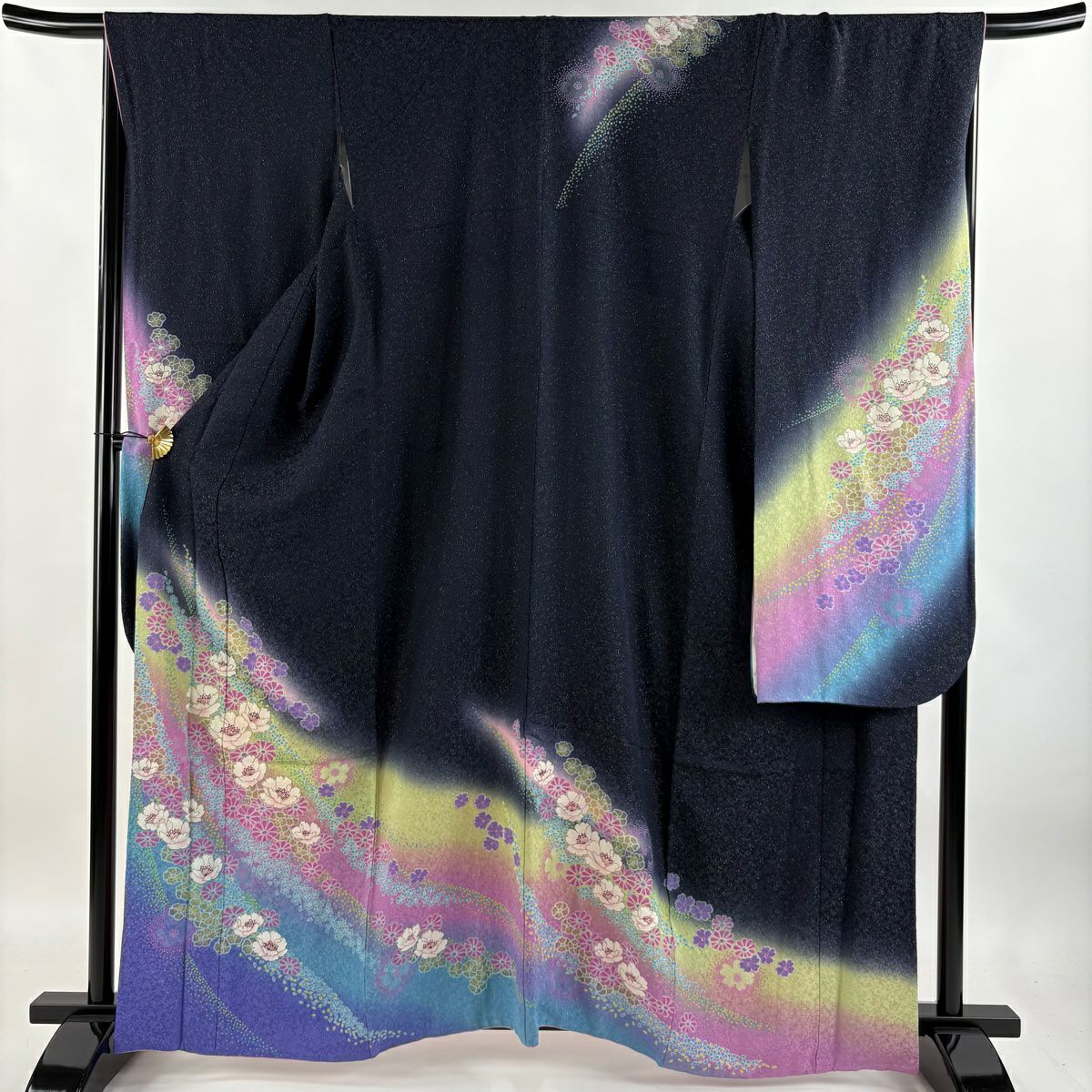 【庫存清倉】振袖禮服 身長162.5cm 袖長67cm M 雙層 草花紋紋 銀通 金銀彩 深藍 純蠶絲 美品 逸品級