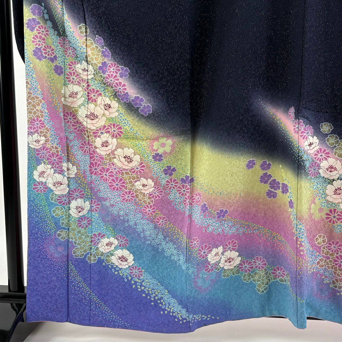 【庫存清倉】振袖禮服 身長162.5cm 袖長67cm M 雙層 草花紋紋 銀通 金銀彩 深藍 純蠶絲 美品 逸品級