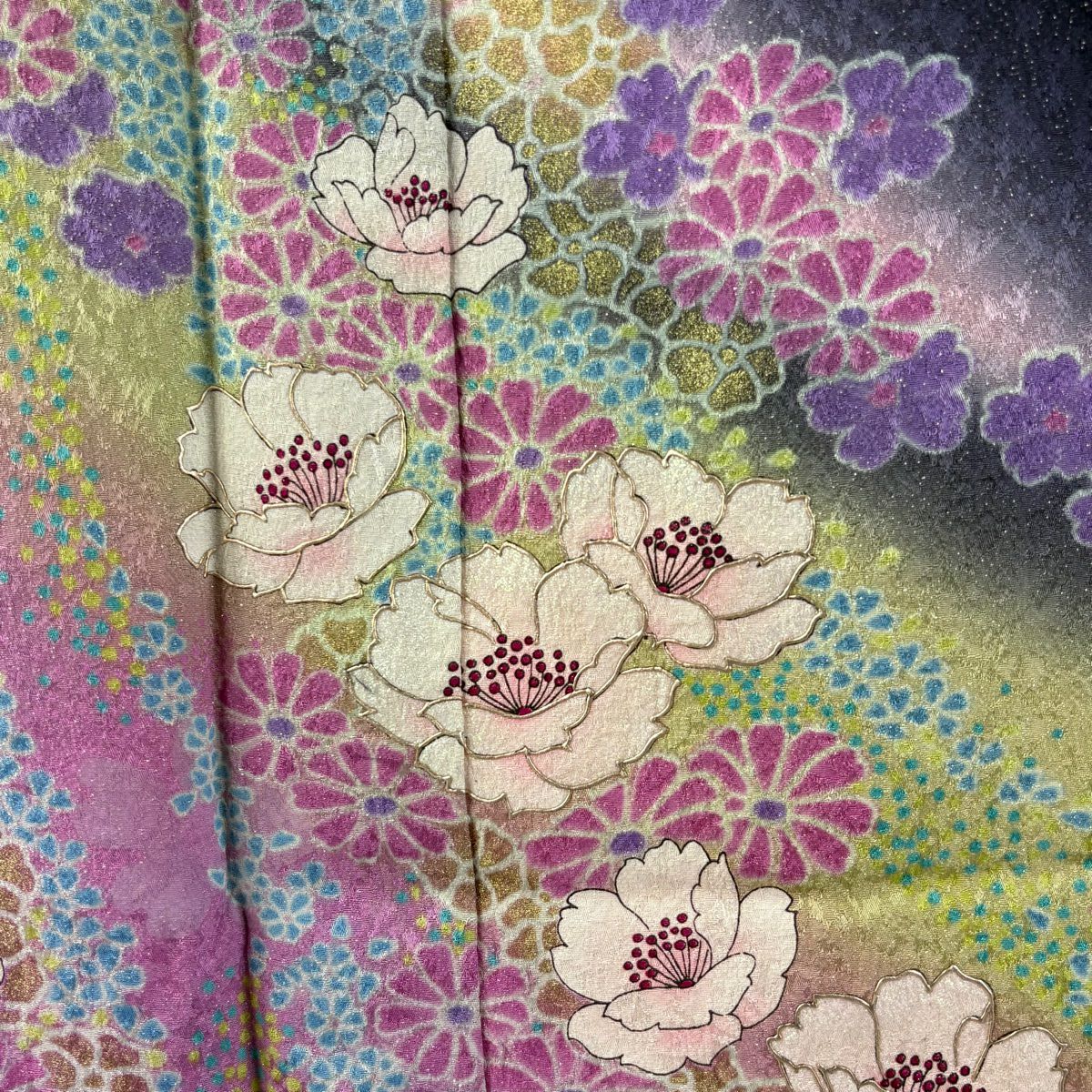 【庫存清倉】振袖禮服 身長162.5cm 袖長67cm M 雙層 草花紋紋 銀通 金銀彩 深藍 純蠶絲 美品 逸品級