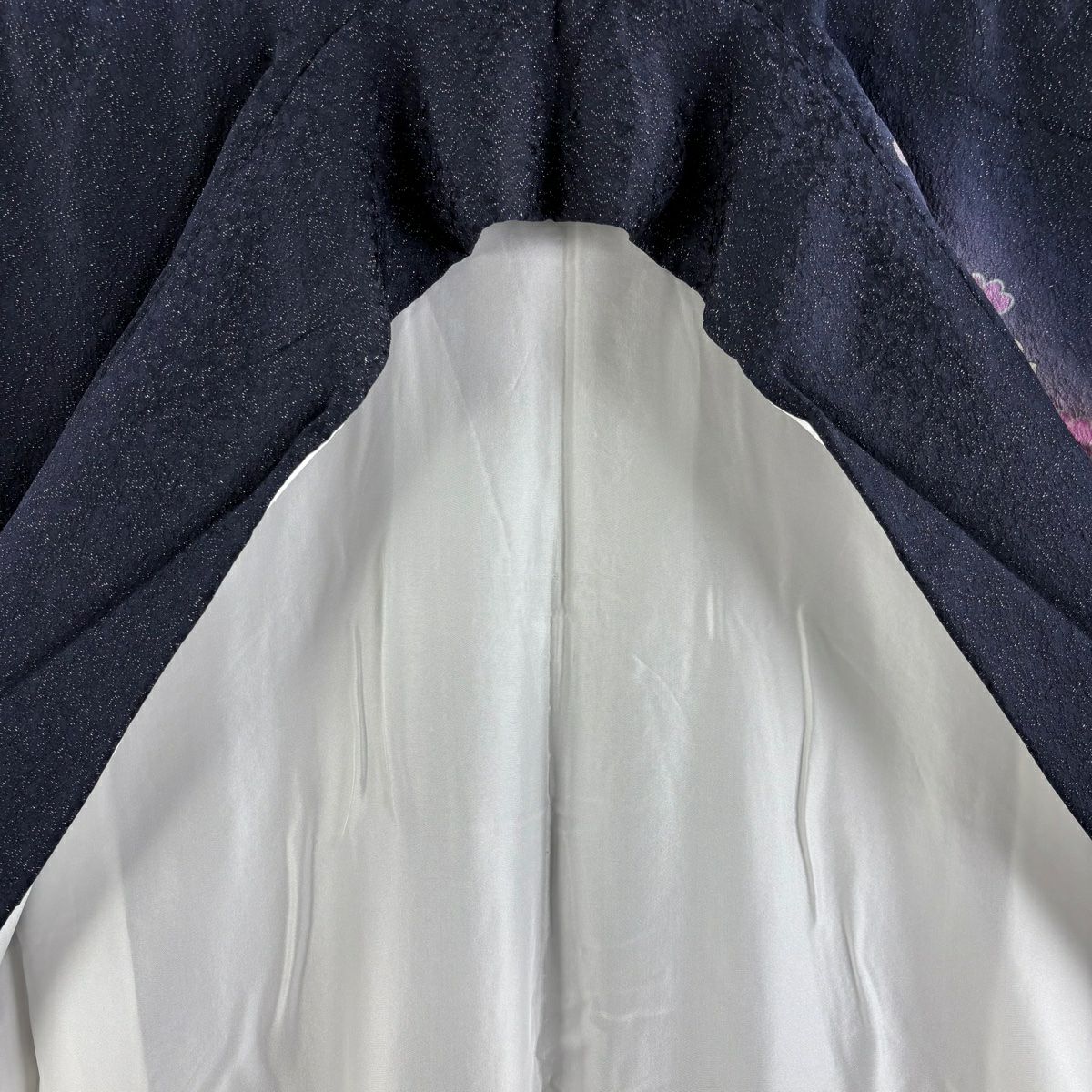 【庫存清倉】振袖禮服 身長162.5cm 袖長67cm M 雙層 草花紋紋 銀通 金銀彩 深藍 純蠶絲 美品 逸品級