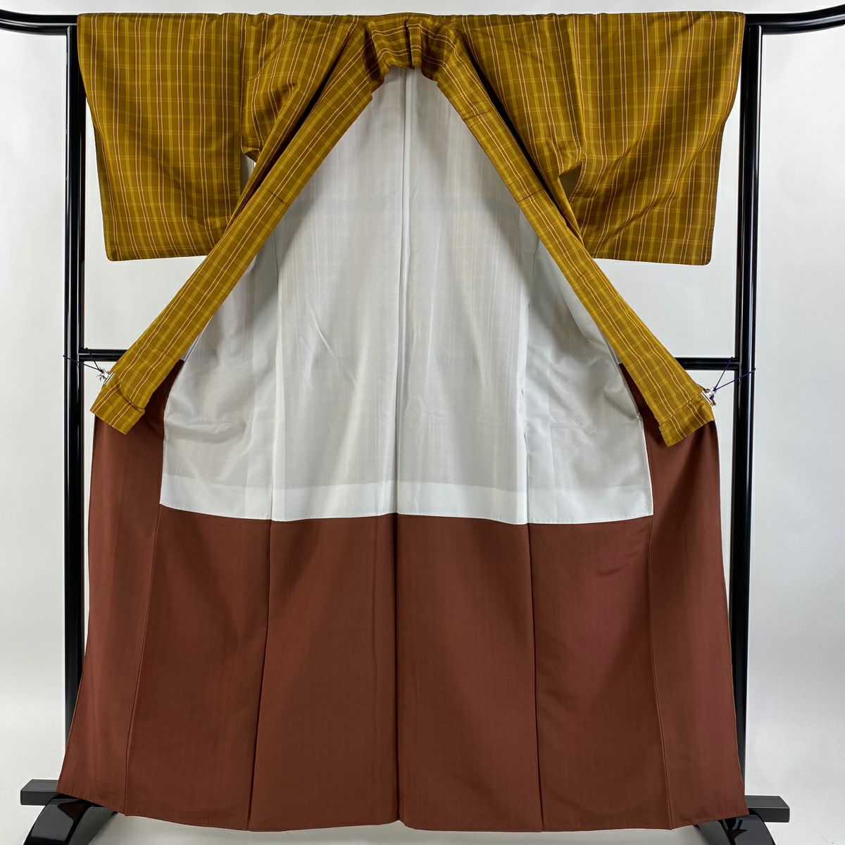【庫存清倉】 紬織 身長162.5cm 袖長64.5cm M 雙層 格子 黃土 純蠶絲 美品 名品級