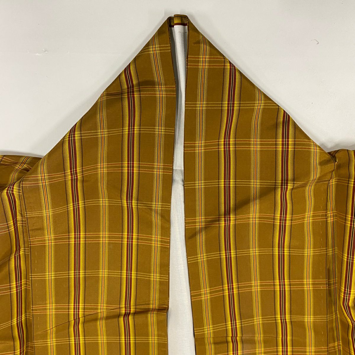 【庫存清倉】 紬織 身長162.5cm 袖長64.5cm M 雙層 格子 黃土 純蠶絲 美品 名品級