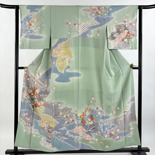 【庫存清倉】訪問服 身長156cm 袖長61.5cm S 雙層 菊花 草花紋 金彩裝飾 金絲 淺綠 純蠶絲 名品級