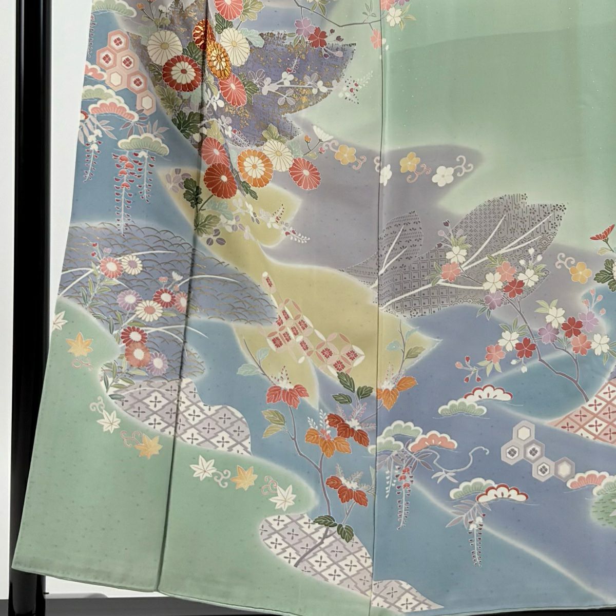 【庫存清倉】訪問服 身長156cm 袖長61.5cm S 雙層 菊花 草花紋 金彩裝飾 金絲 淺綠 純蠶絲 名品級