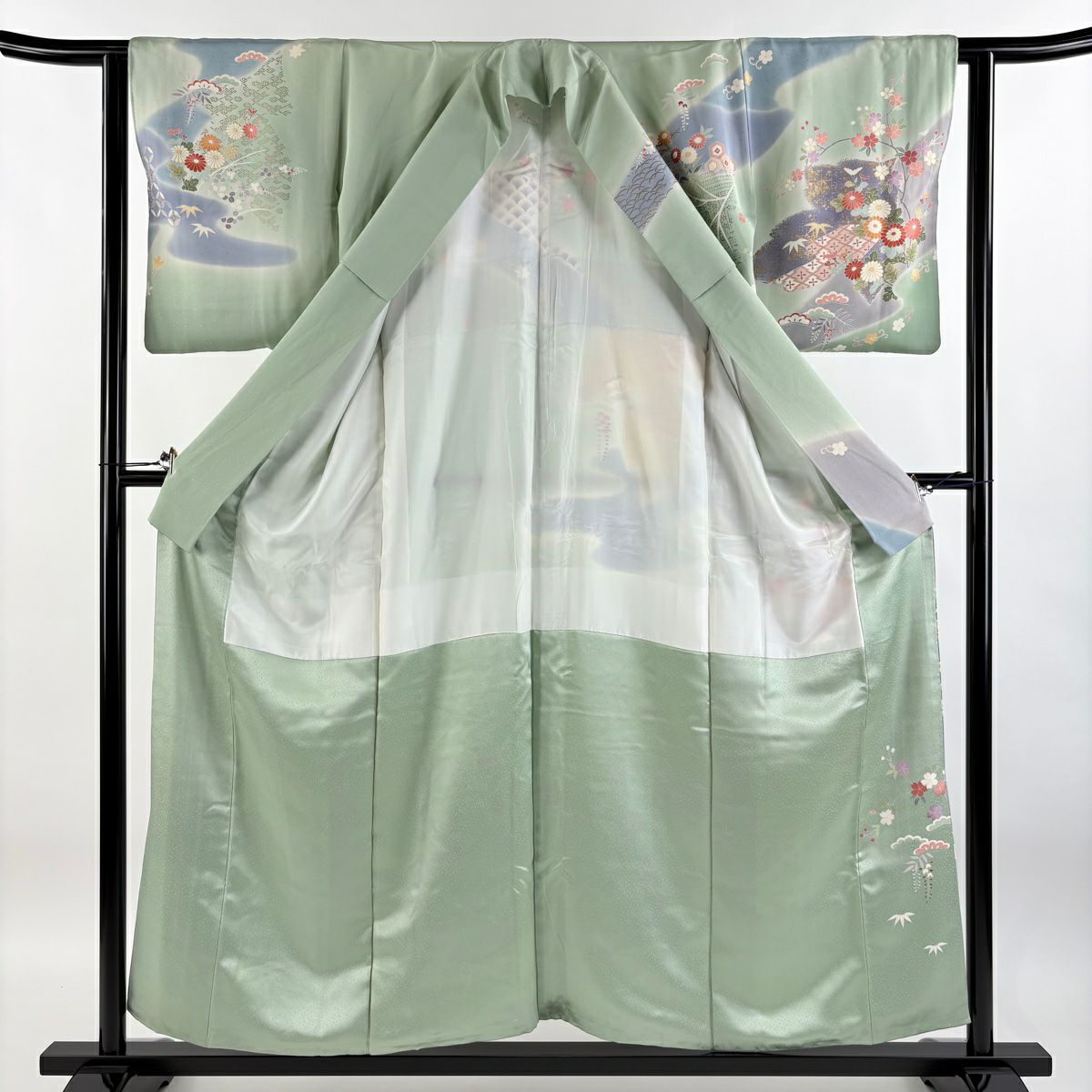 【庫存清倉】訪問服 身長156cm 袖長61.5cm S 雙層 菊花 草花紋 金彩裝飾 金絲 淺綠 純蠶絲 名品級