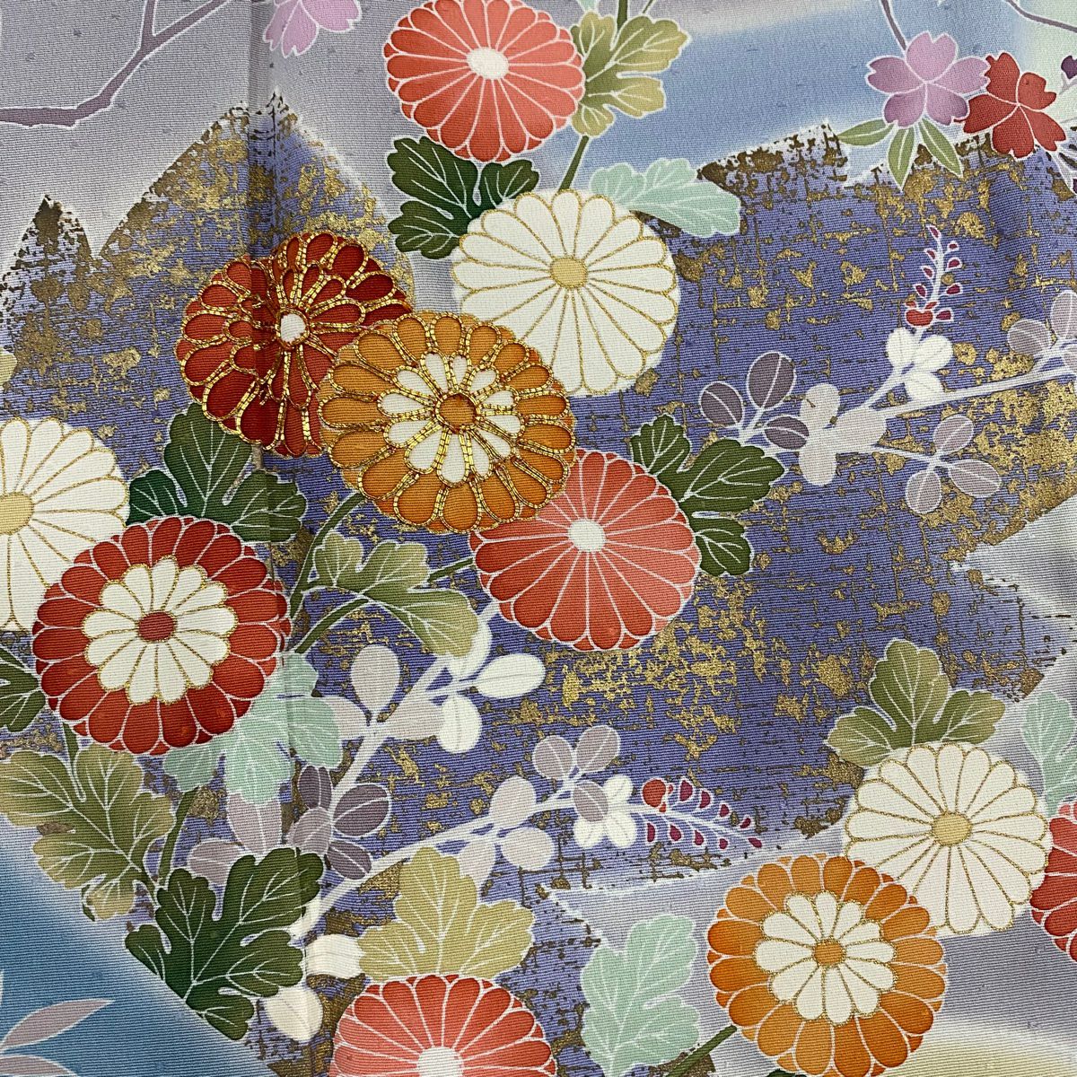 【庫存清倉】訪問服 身長156cm 袖長61.5cm S 雙層 菊花 草花紋 金彩裝飾 金絲 淺綠 純蠶絲 名品級