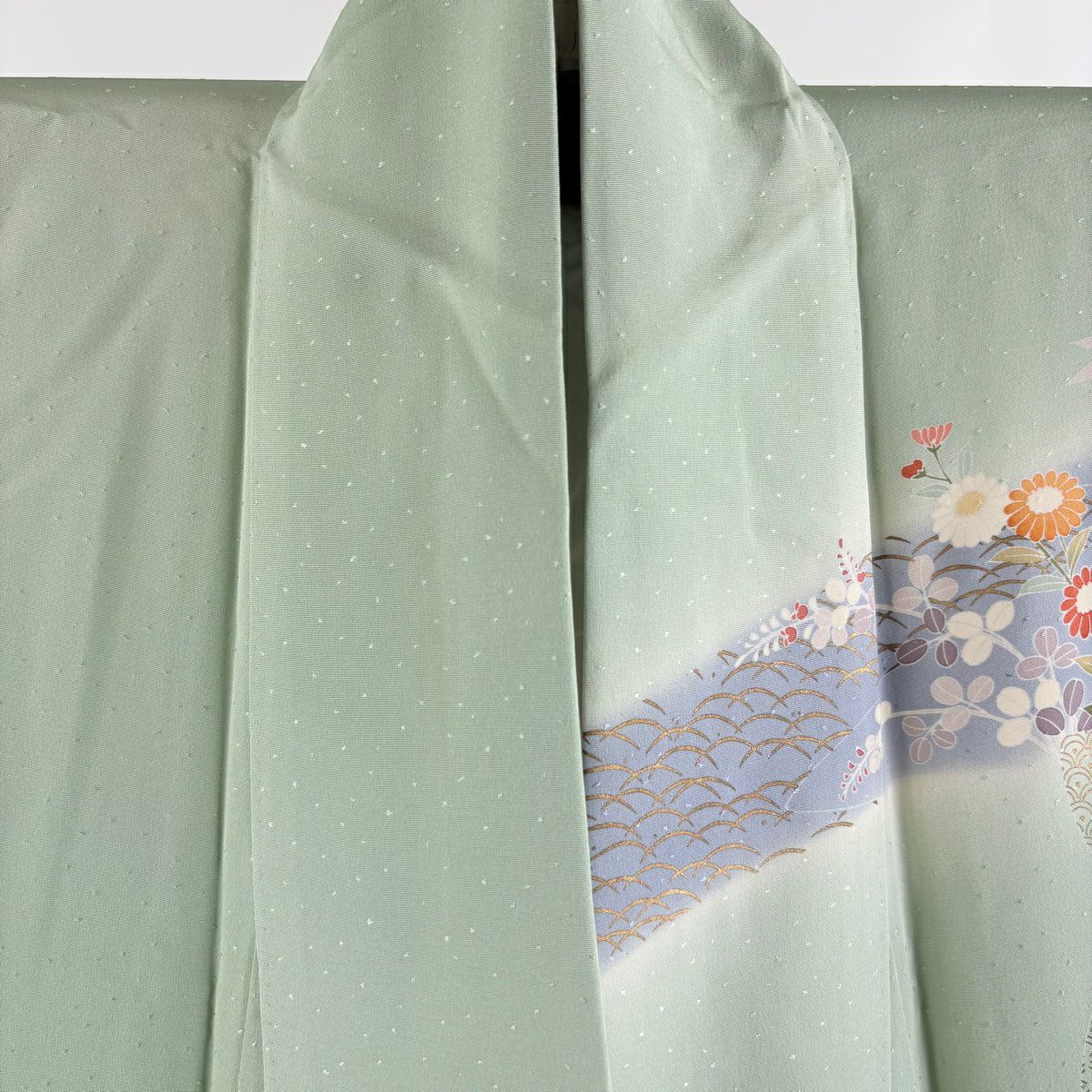 【庫存清倉】訪問服 身長156cm 袖長61.5cm S 雙層 菊花 草花紋 金彩裝飾 金絲 淺綠 純蠶絲 名品級