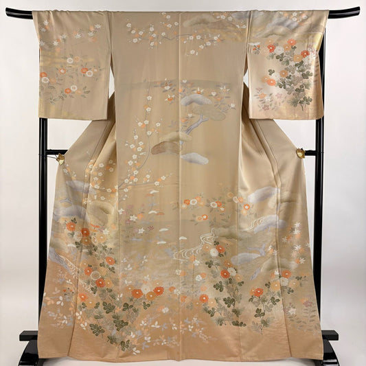 【庫存清倉】訪問服 身長167cm 袖長68cm L 雙層 菊花 松樹 金絲 金銀彩 淺茶 純蠶絲 名品級