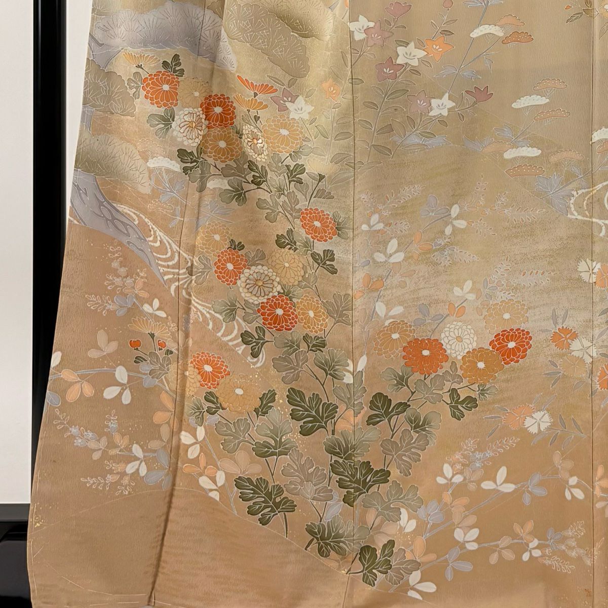【庫存清倉】訪問服 身長167cm 袖長68cm L 雙層 菊花 松樹 金絲 金銀彩 淺茶 純蠶絲 名品級