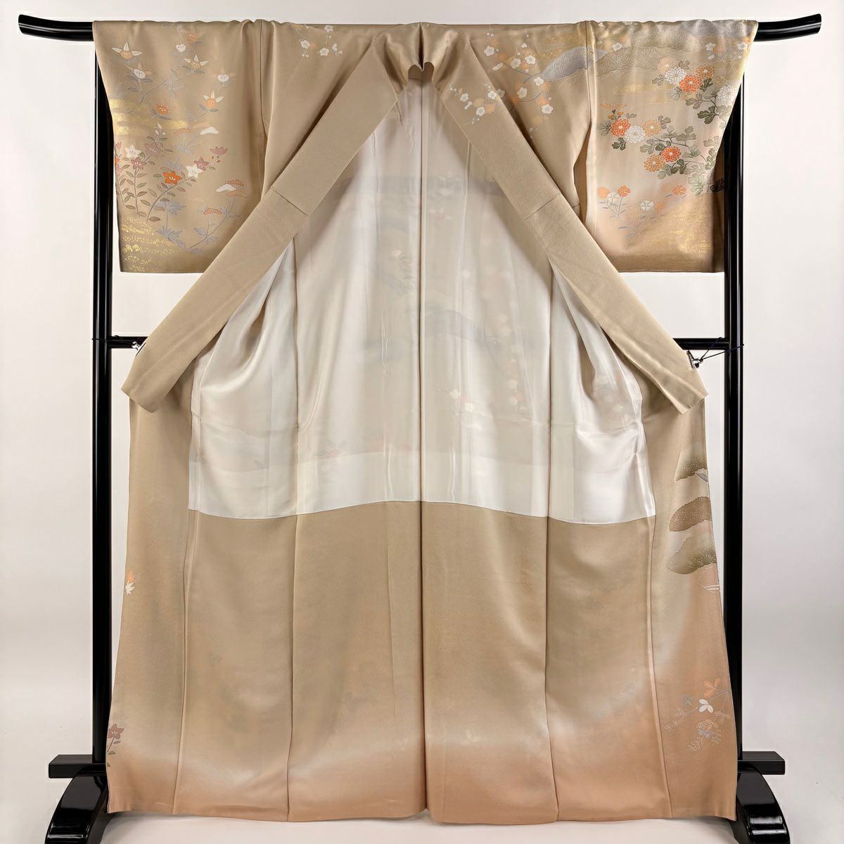 【庫存清倉】訪問服 身長167cm 袖長68cm L 雙層 菊花 松樹 金絲 金銀彩 淺茶 純蠶絲 名品級