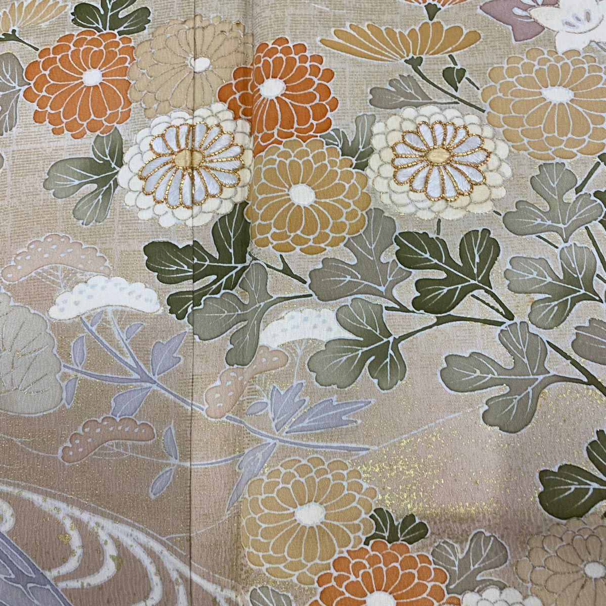 【庫存清倉】訪問服 身長167cm 袖長68cm L 雙層 菊花 松樹 金絲 金銀彩 淺茶 純蠶絲 名品級