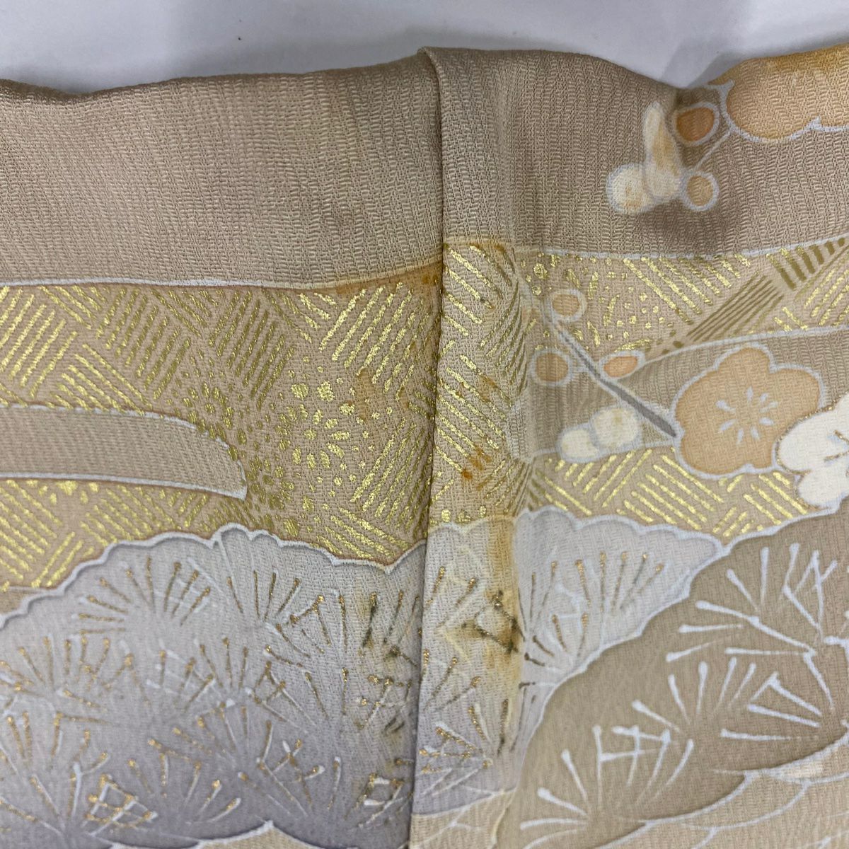 【庫存清倉】訪問服 身長167cm 袖長68cm L 雙層 菊花 松樹 金絲 金銀彩 淺茶 純蠶絲 名品級