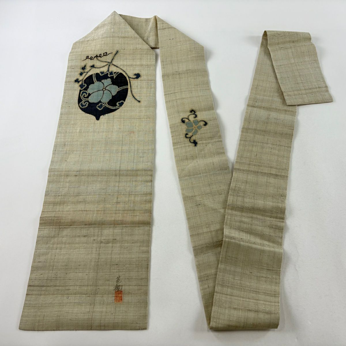 名古屋帶 名品級 落款 夏帶 生物 花唐草紋 灰綠 純蠶絲