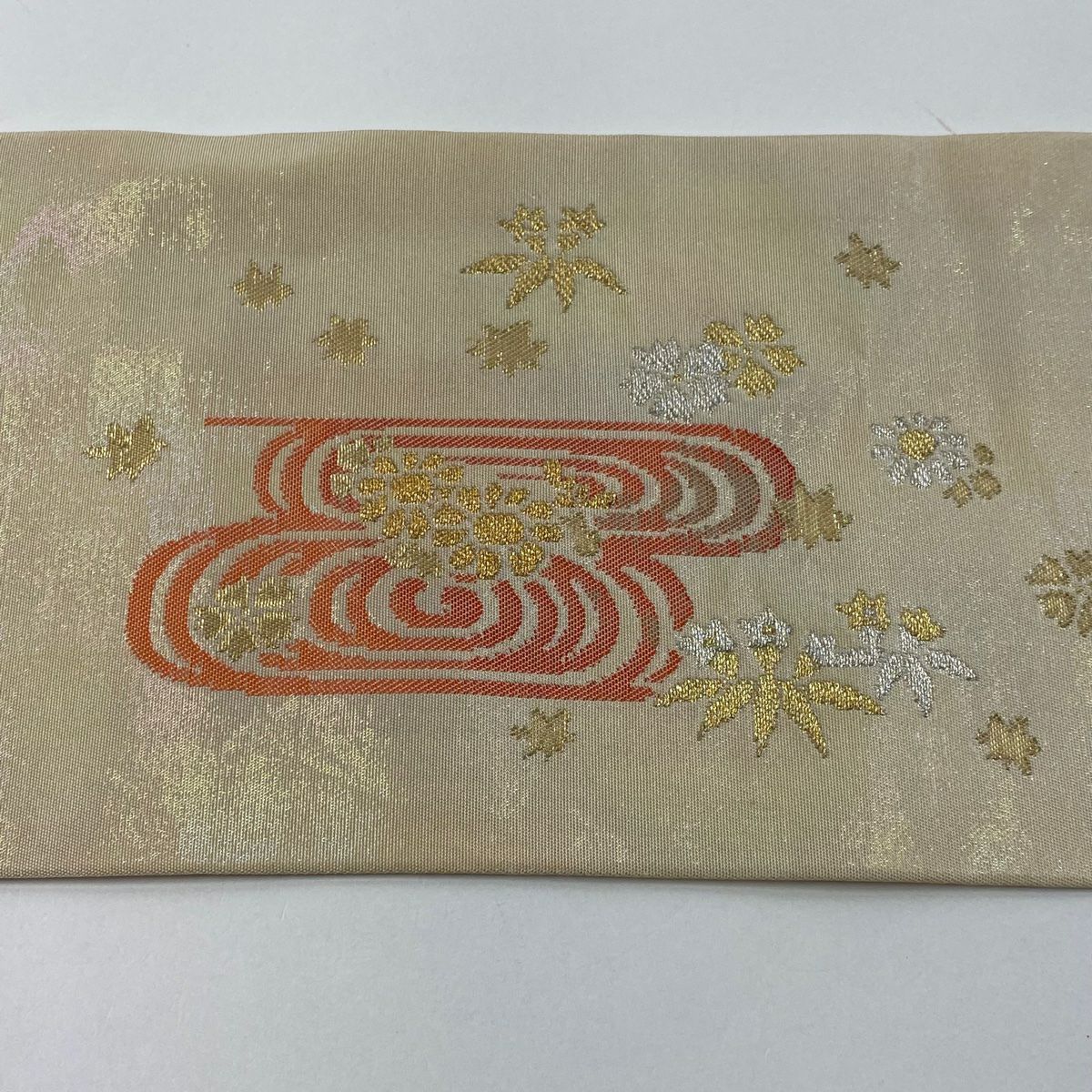 名古屋帶 優品級 欄杆 観世水 金銀絲 金金箔 奶油色 純蠶絲