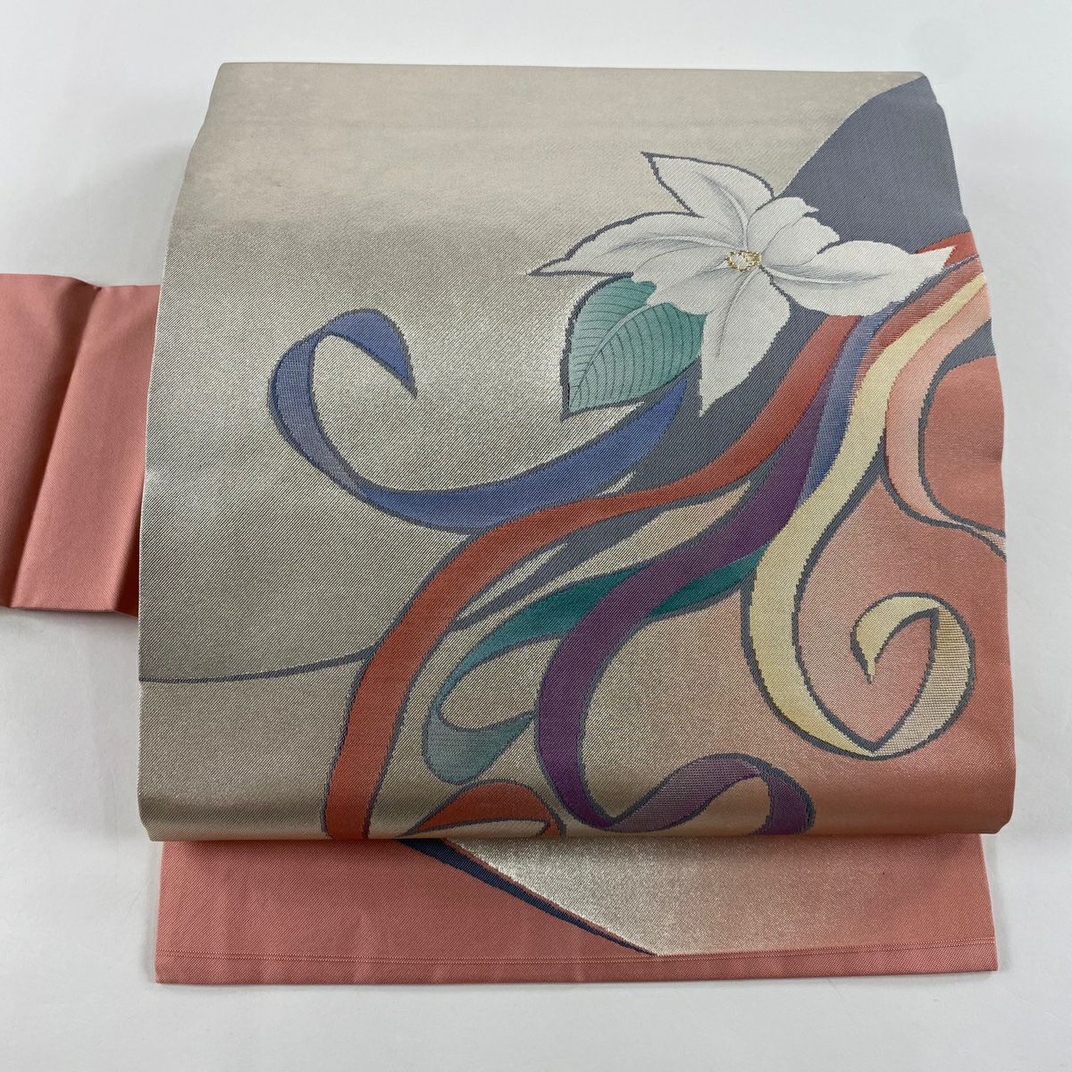 名古屋帶 美品 優品級 有落款 關西仕立 草花紋紋 金金箔 金絲 粉紅色 純蠶絲