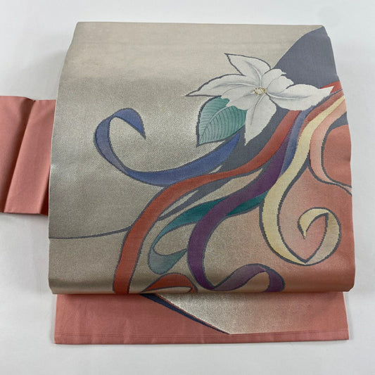 名古屋帶 美品 優品級 有落款 關西仕立 草花紋紋 金金箔 金絲 粉紅色 純蠶絲