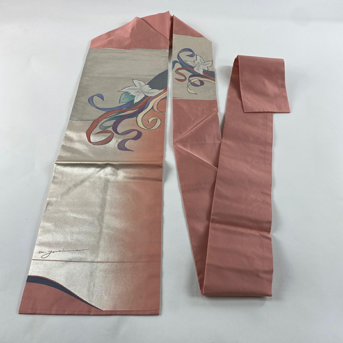 名古屋帶 美品 優品級 有落款 關西仕立 草花紋紋 金金箔 金絲 粉紅色 純蠶絲