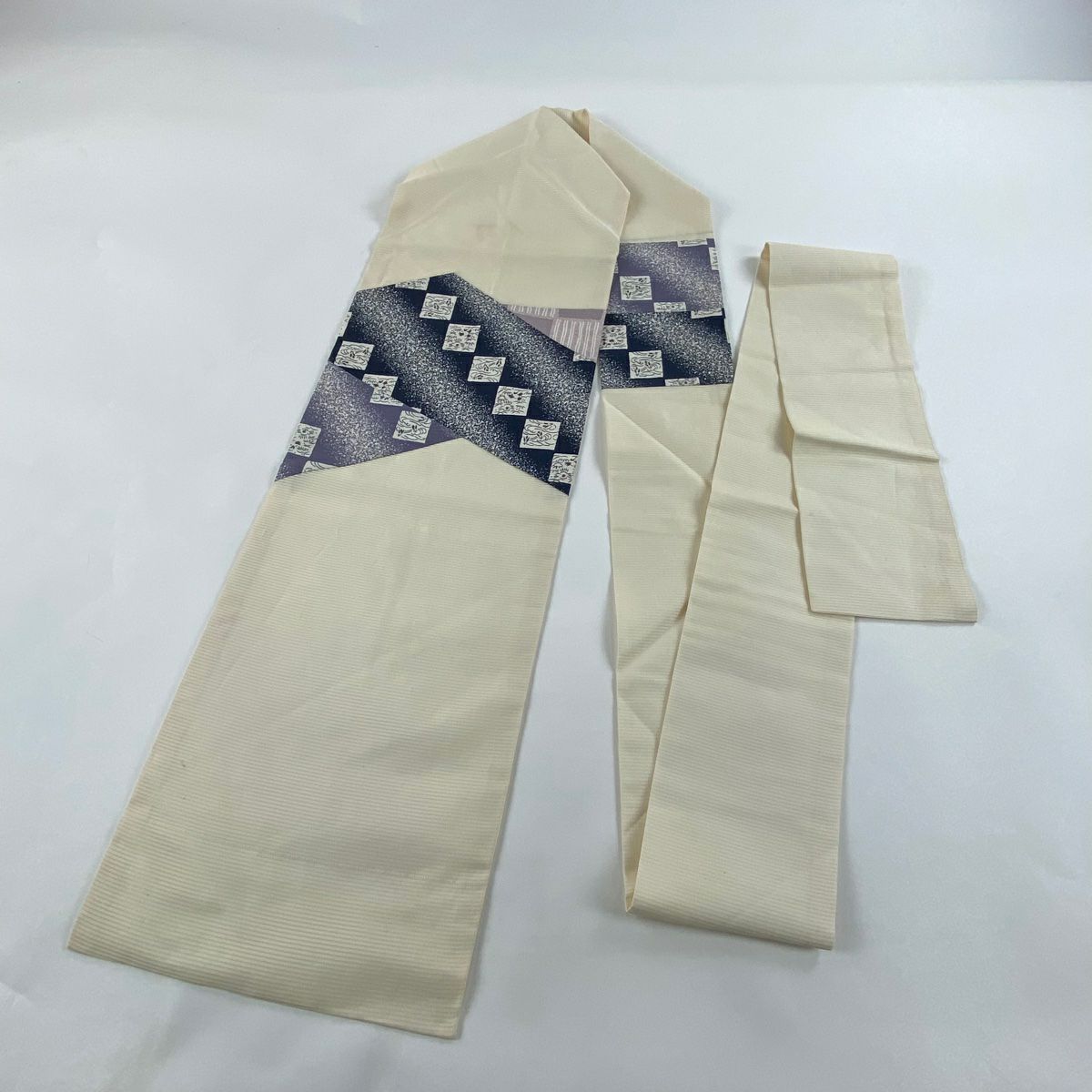 名古屋帶 優品級 夏帶 絽 草花紋 幾何圖案 奶油色 純蠶絲