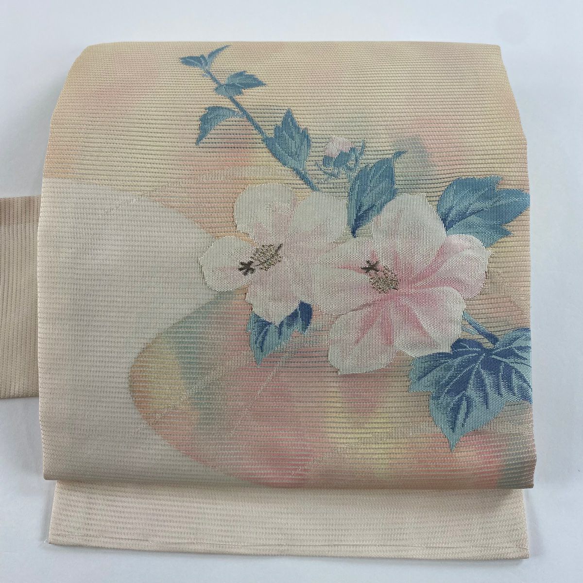 名古屋帶 優品級 夏帶 絽 草花紋 銀糸 金金箔 淺粉色 純蠶絲