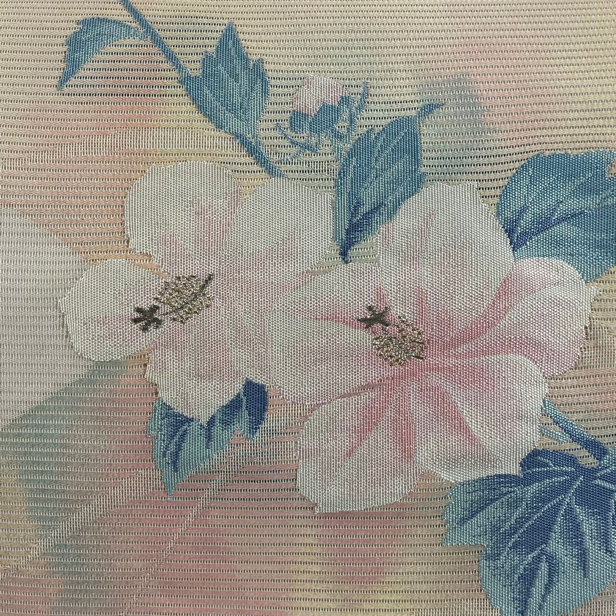 名古屋帶 優品級 夏帶 絽 草花紋 銀糸 金金箔 淺粉色 純蠶絲