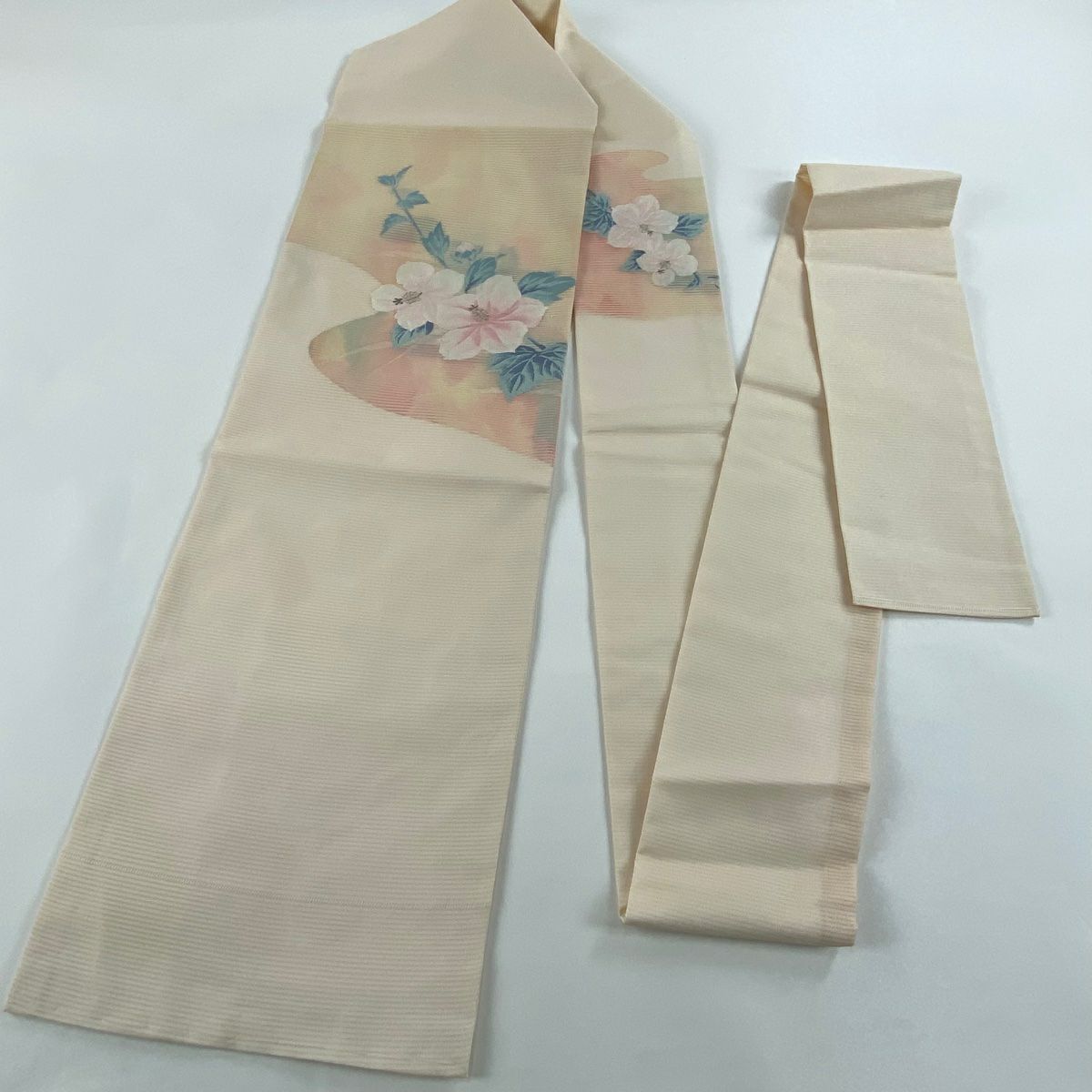 名古屋帶 優品級 夏帶 絽 草花紋 銀糸 金金箔 淺粉色 純蠶絲
