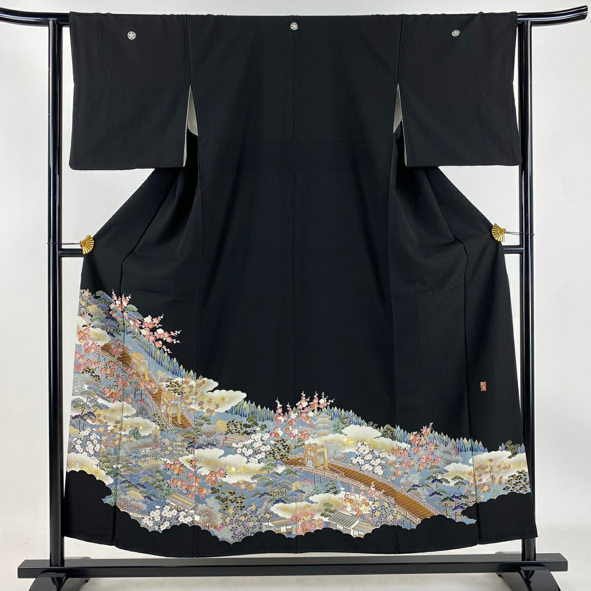 黑留袖禮服 身長154.5cm 袖長62cm S 雙層 落款あり 松樹梅花 御所車 金銀彩 黑 純蠶絲 秀品級