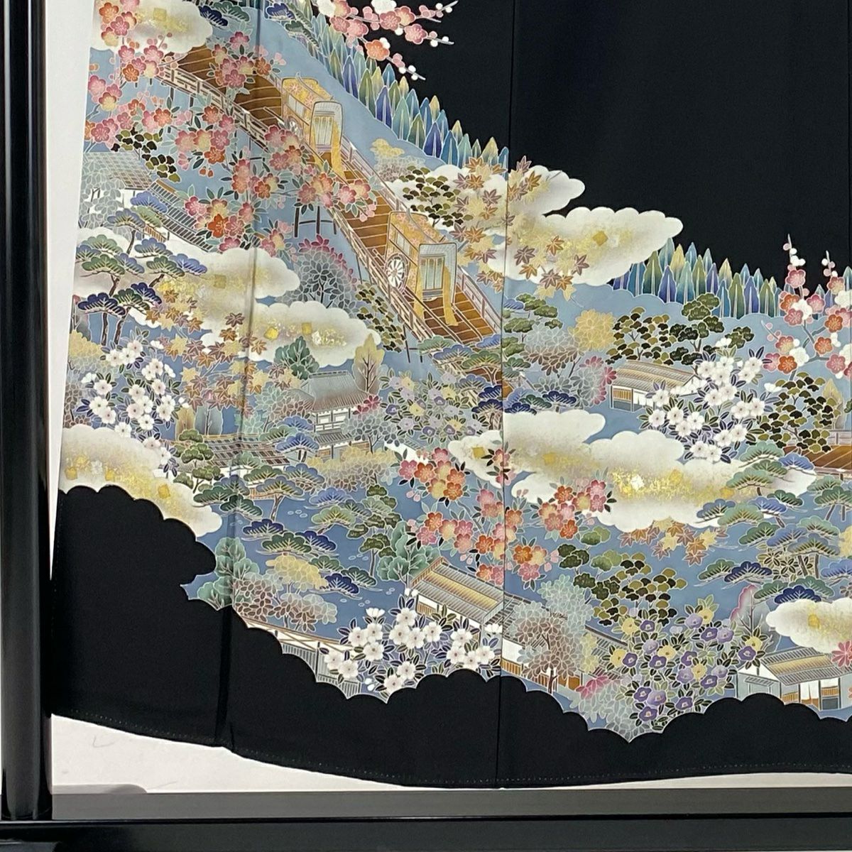 黑留袖禮服 身長154.5cm 袖長62cm S 雙層 落款あり 松樹梅花 御所車 金銀彩 黑 純蠶絲 秀品級