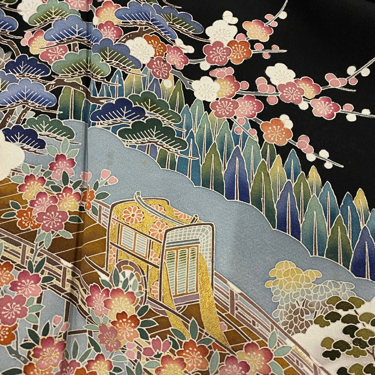 黑留袖禮服 身長154.5cm 袖長62cm S 雙層 落款あり 松樹梅花 御所車 金銀彩 黑 純蠶絲 秀品級