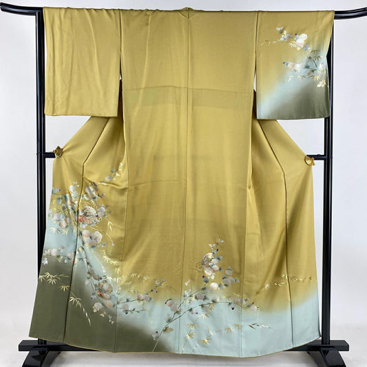 訪問服 身長159.5cm 袖長65.5cm M 雙層 菊花花寶盡 金銀彩 漸層 山吹茶 純蠶絲 優品級