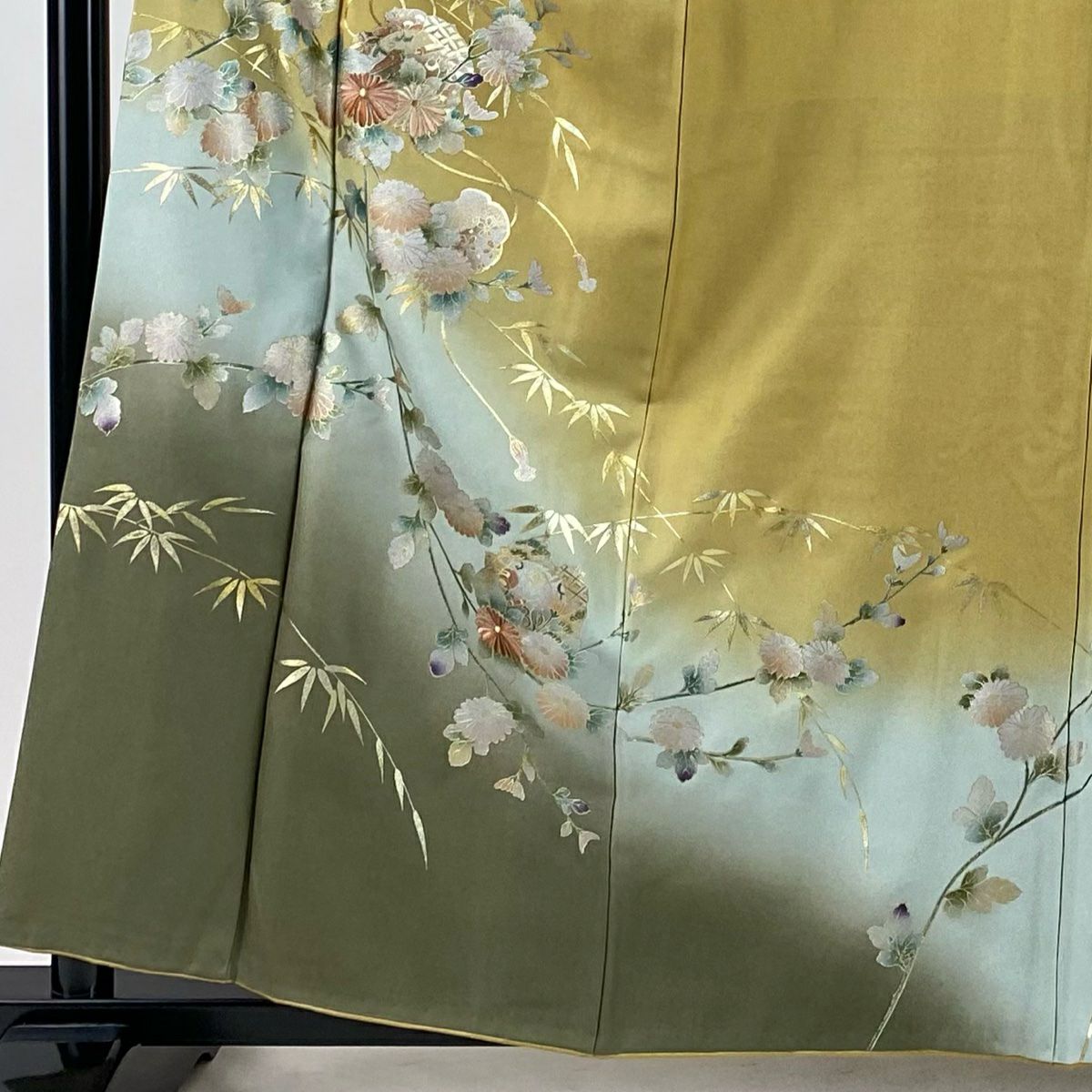 訪問服 身長159.5cm 袖長65.5cm M 雙層 菊花花寶盡 金銀彩 漸層 山吹茶 純蠶絲 優品級