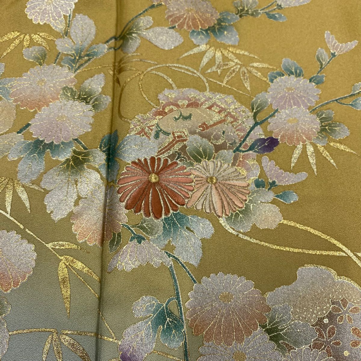 訪問服 身長159.5cm 袖長65.5cm M 雙層 菊花花寶盡 金銀彩 漸層 山吹茶 純蠶絲 優品級