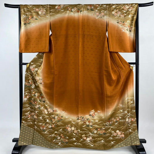 訪問服 身長165cm 袖長66cm M 雙層 菊花 波頭 金絲 金銀彩 黃土 純蠶絲 秀品級