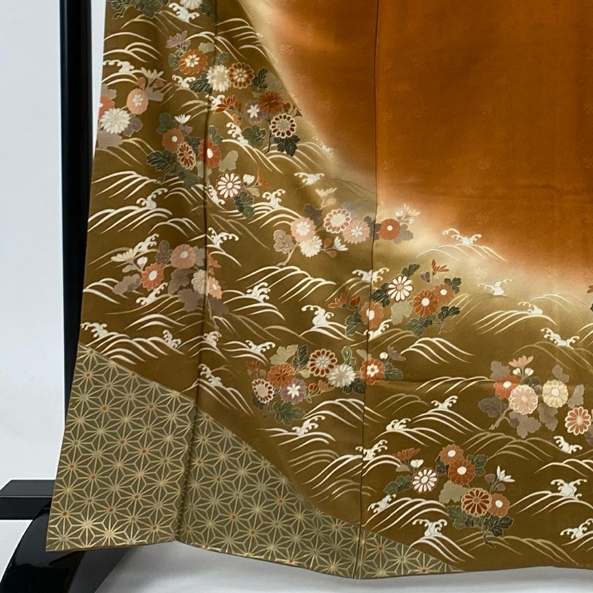 訪問服 身長165cm 袖長66cm M 雙層 菊花 波頭 金絲 金銀彩 黃土 純蠶絲 秀品級