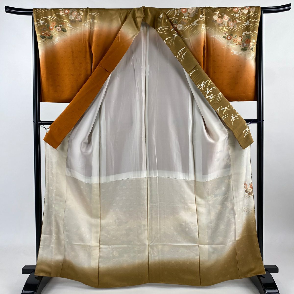 訪問服 身長165cm 袖長66cm M 雙層 菊花 波頭 金絲 金銀彩 黃土 純蠶絲 秀品級