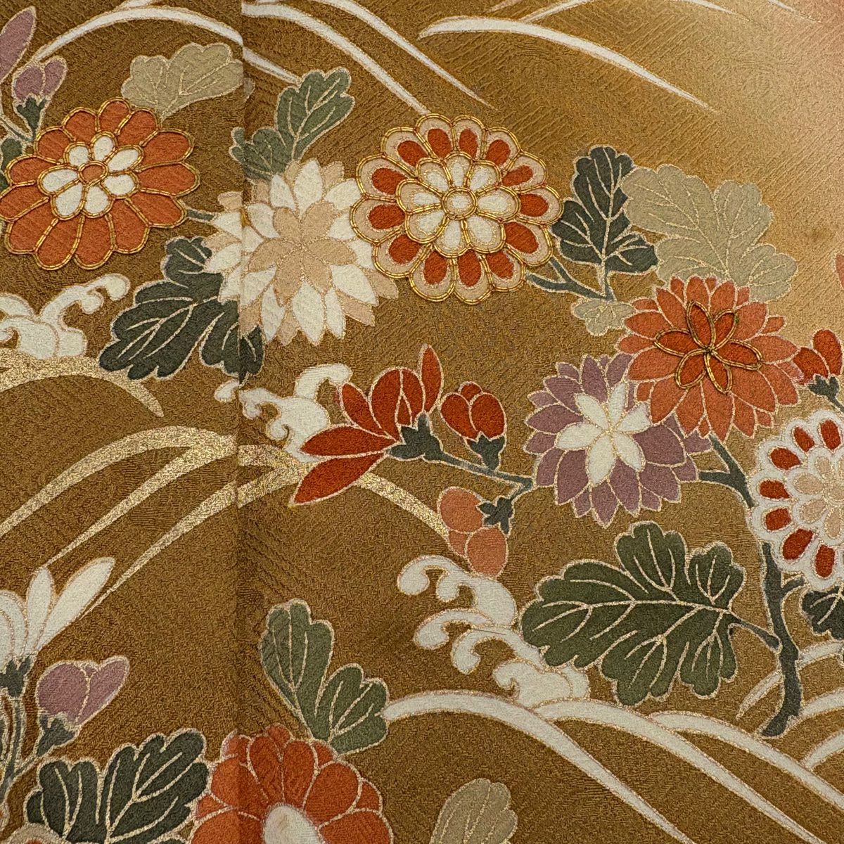 訪問服 身長165cm 袖長66cm M 雙層 菊花 波頭 金絲 金銀彩 黃土 純蠶絲 秀品級