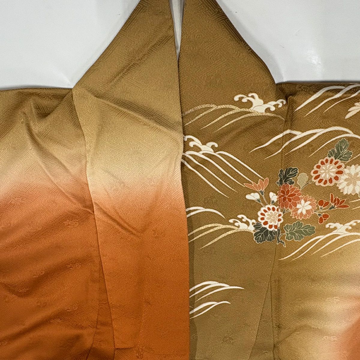 訪問服 身長165cm 袖長66cm M 雙層 菊花 波頭 金絲 金銀彩 黃土 純蠶絲 秀品級