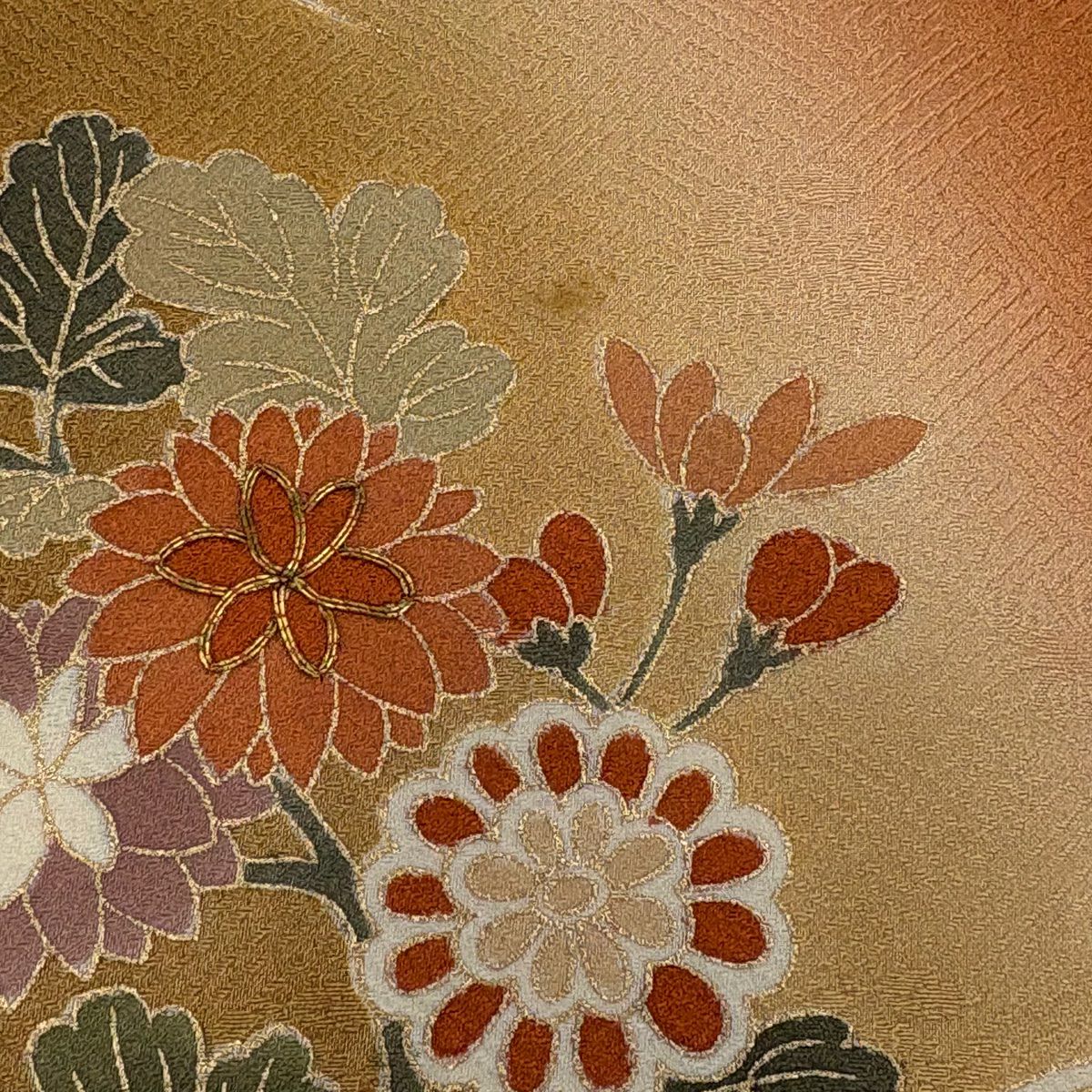 訪問服 身長165cm 袖長66cm M 雙層 菊花 波頭 金絲 金銀彩 黃土 純蠶絲 秀品級