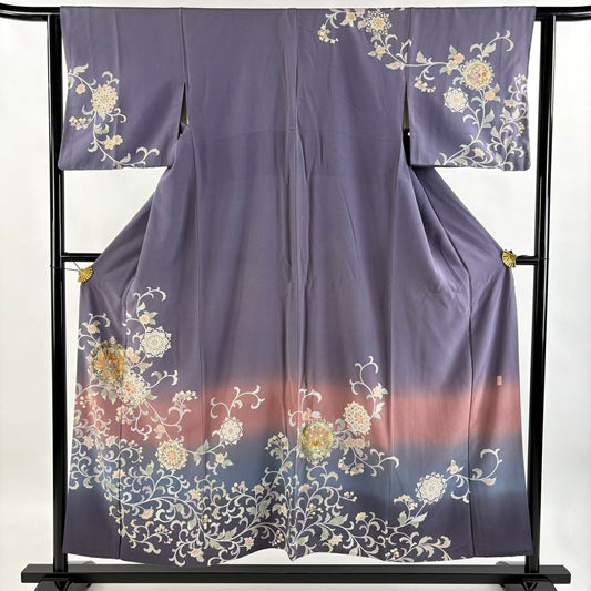 訪問服 身長152.5cm 袖長62cm S 雙層 落款あり 向鳥 花唐草紋 金絲 金銀彩 淺紫 純蠶絲 優品級