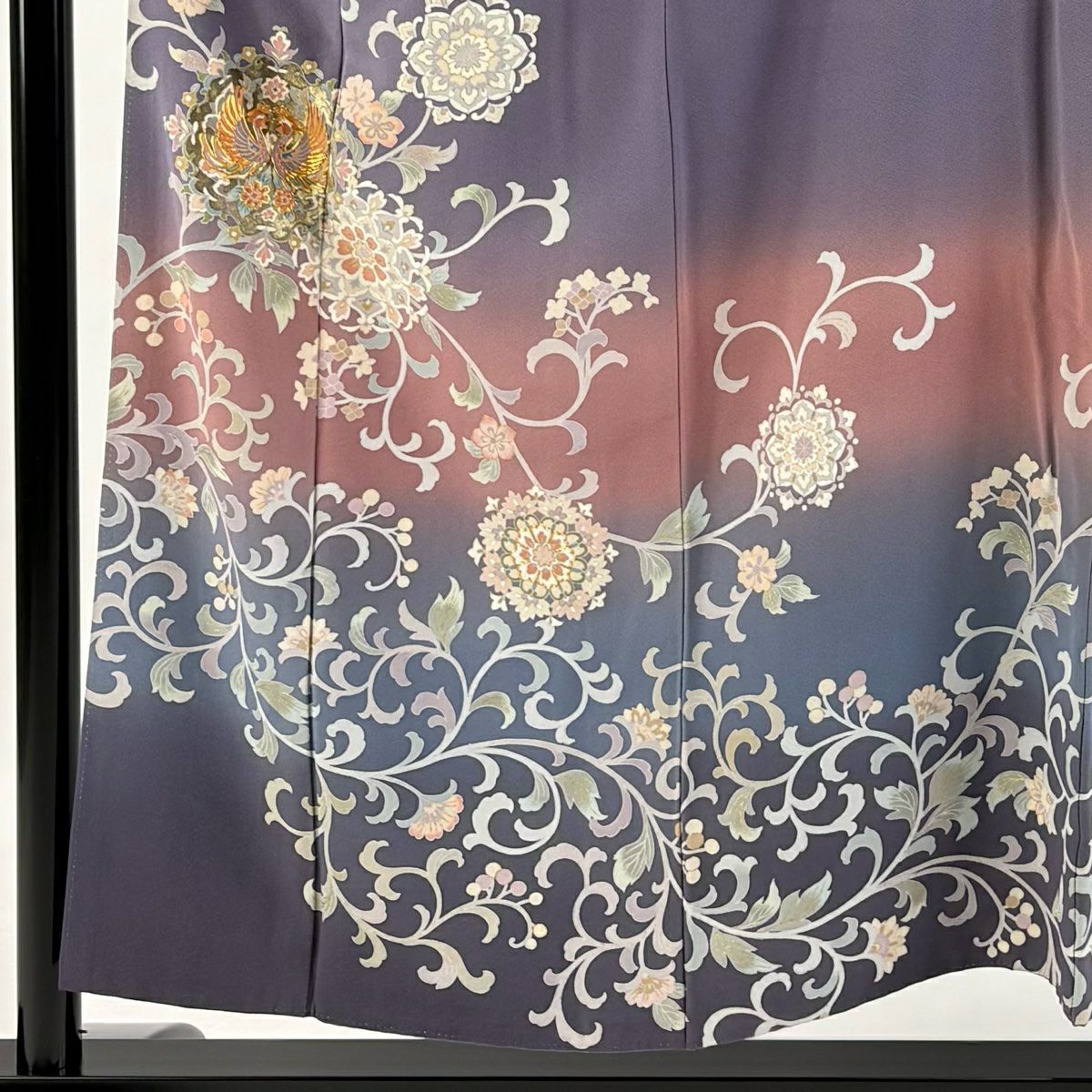 訪問服 身長152.5cm 袖長62cm S 雙層 落款あり 向鳥 花唐草紋 金絲 金銀彩 淺紫 純蠶絲 優品級