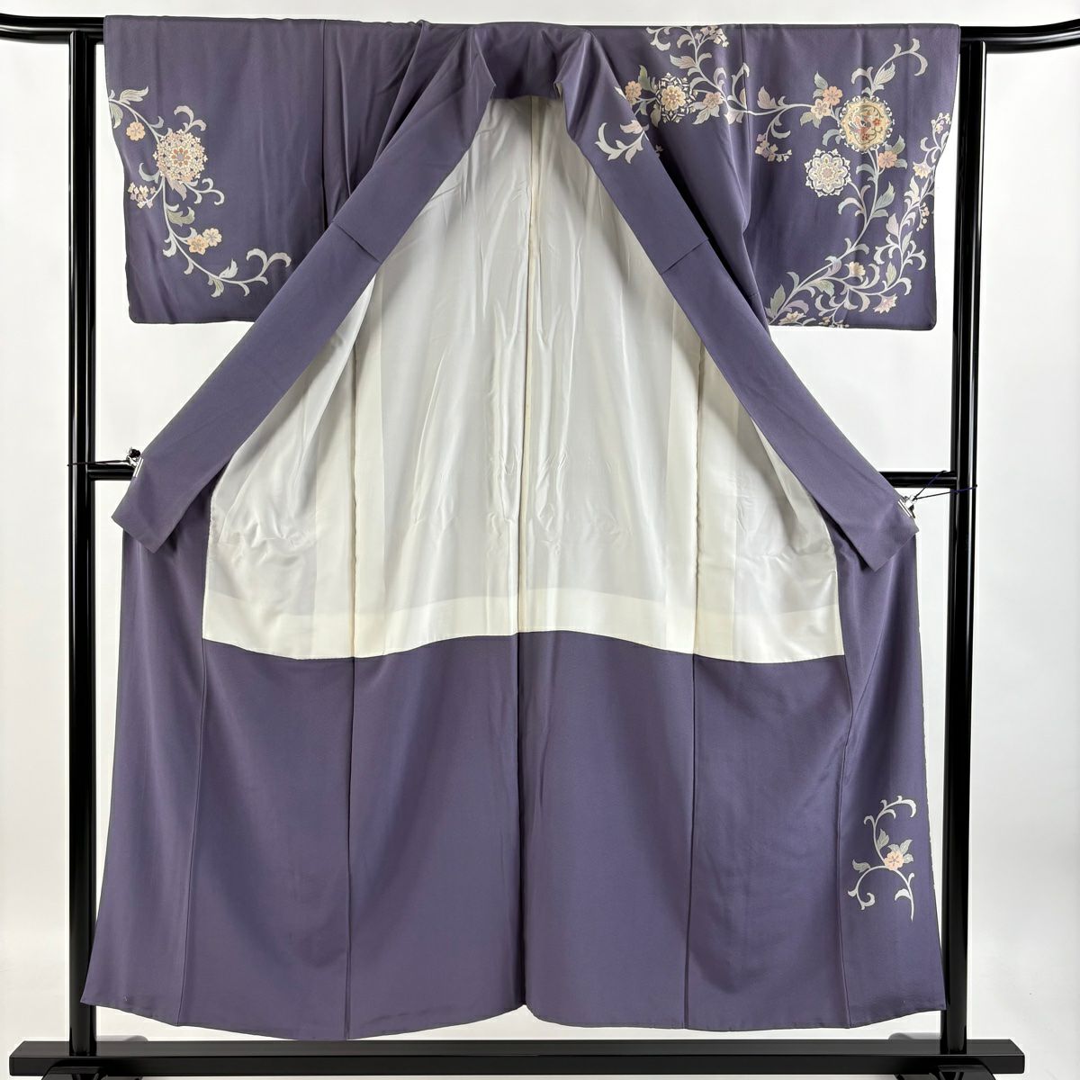 訪問服 身長152.5cm 袖長62cm S 雙層 落款あり 向鳥 花唐草紋 金絲 金銀彩 淺紫 純蠶絲 優品級